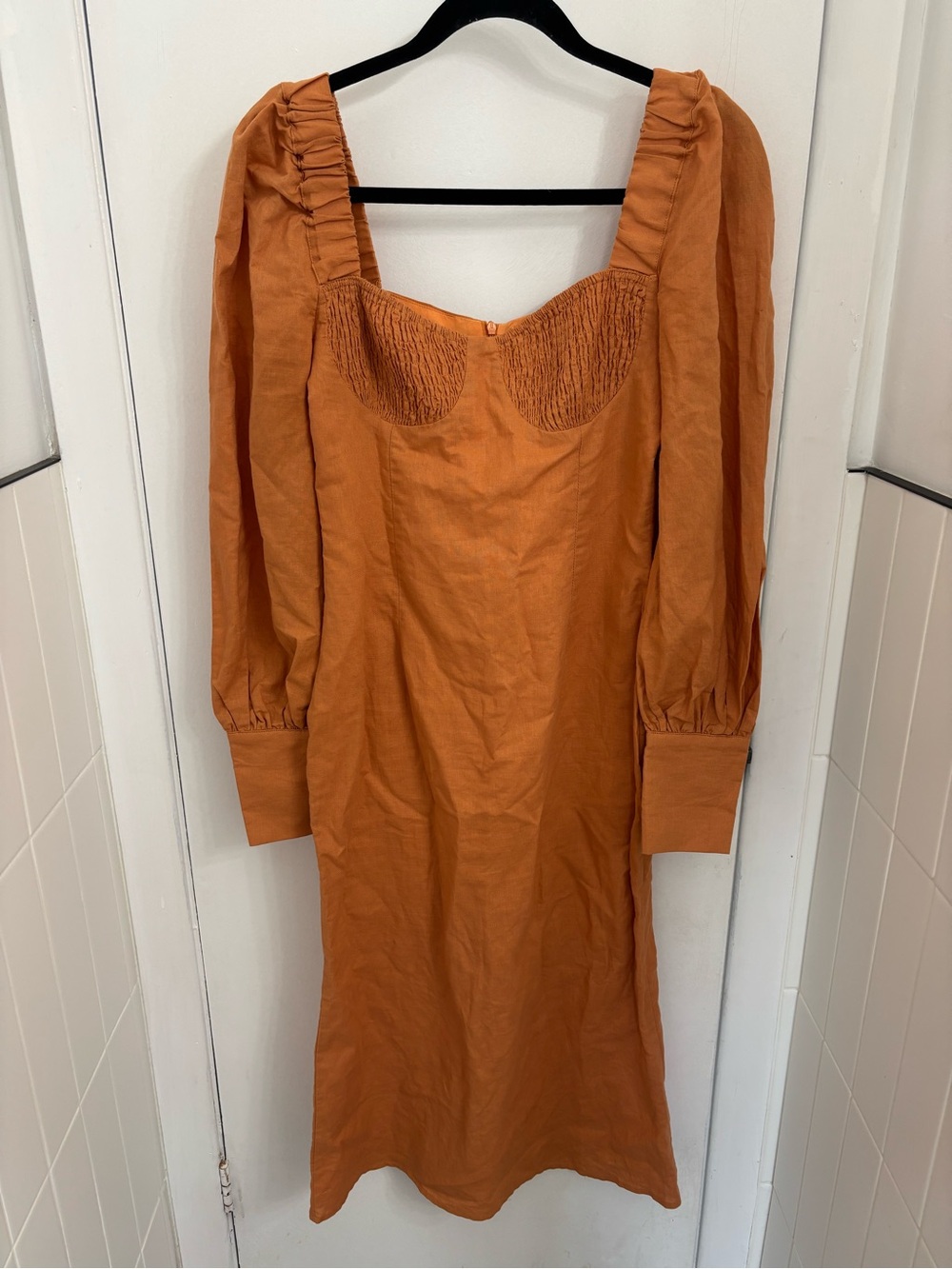 Charlie Holiday Rust Orange Long Sleeve Square Neck Midi Dress
